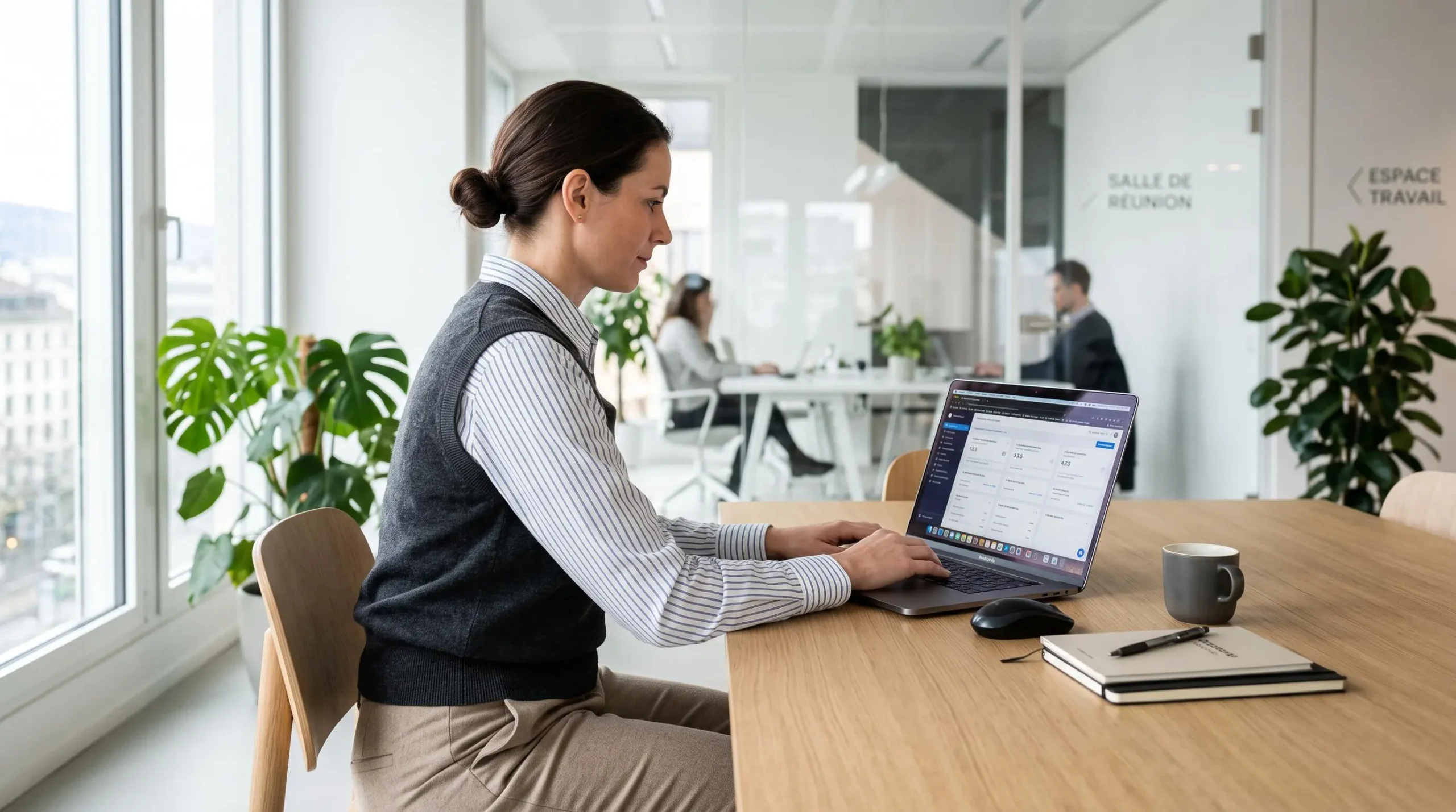Une femme d'environ 35 ans en gilet sans manches gris anthracite col V superposé sur une chemise rayée, travaillant concentrée à son ordinateur portable dans un bureau contemporain lumineux