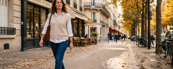 Une femme dans la trentaine portant un gilet sans manches beige en maille à larges côtes superposé sur une chemise blanche, marchant sur un trottoir parisien bordé d'arbres aux feuilles automnales dorées