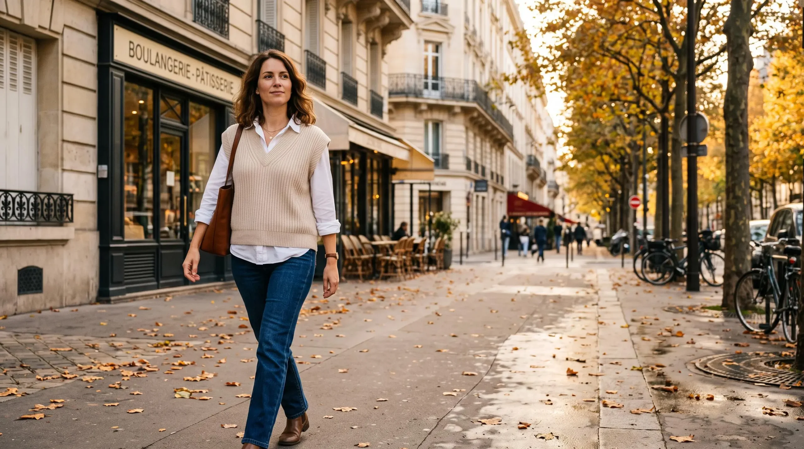 Une femme dans la trentaine portant un gilet sans manches beige en maille à larges côtes superposé sur une chemise blanche, marchant sur un trottoir parisien bordé d'arbres aux feuilles automnales dorées