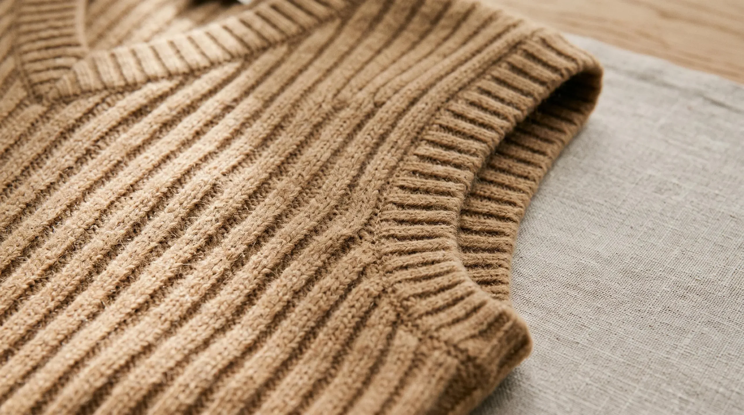 Gros plan sur la texture d'un gilet sans manches en maille camel à larges côtes verticales, révélant la densité du tricot et les finitions soignées de l'emmanchure