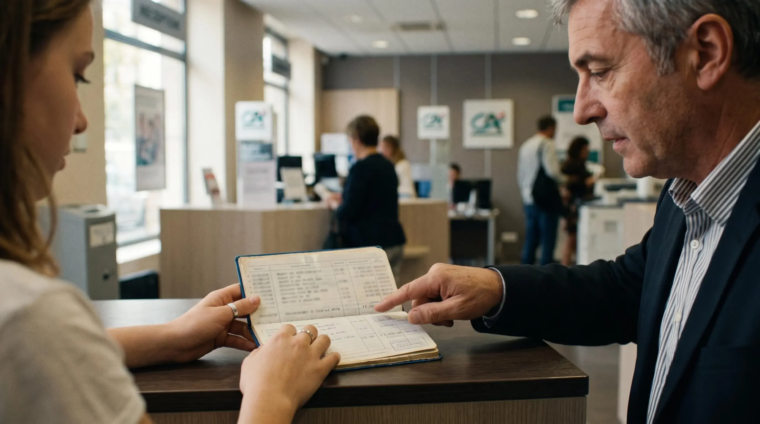 Les mains d'un client tiennent un livret d'épargne ouvert face à un conseiller.