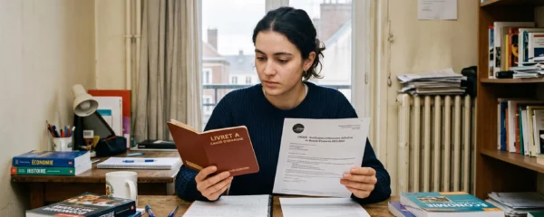 Un étudiant compare un livret d'épargne et un courrier de bourse à son bureau.
