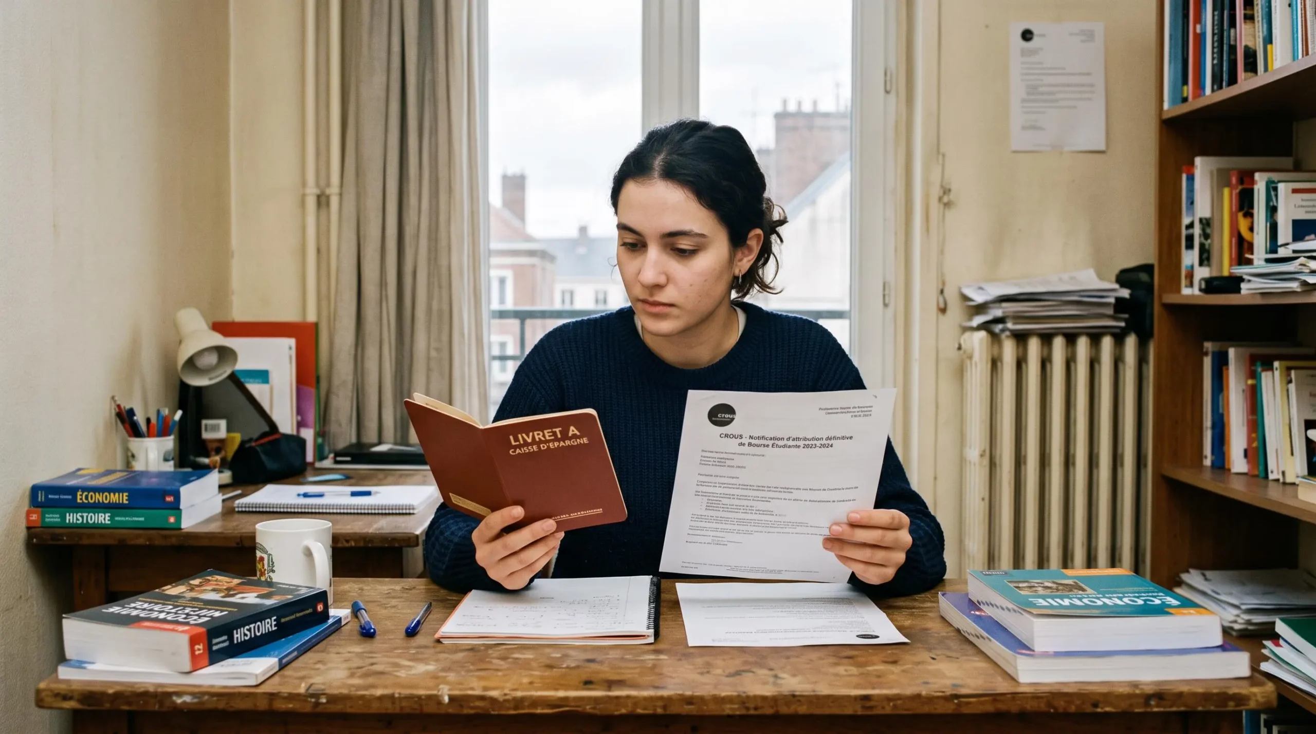 Un étudiant compare un livret d'épargne et un courrier de bourse à son bureau.