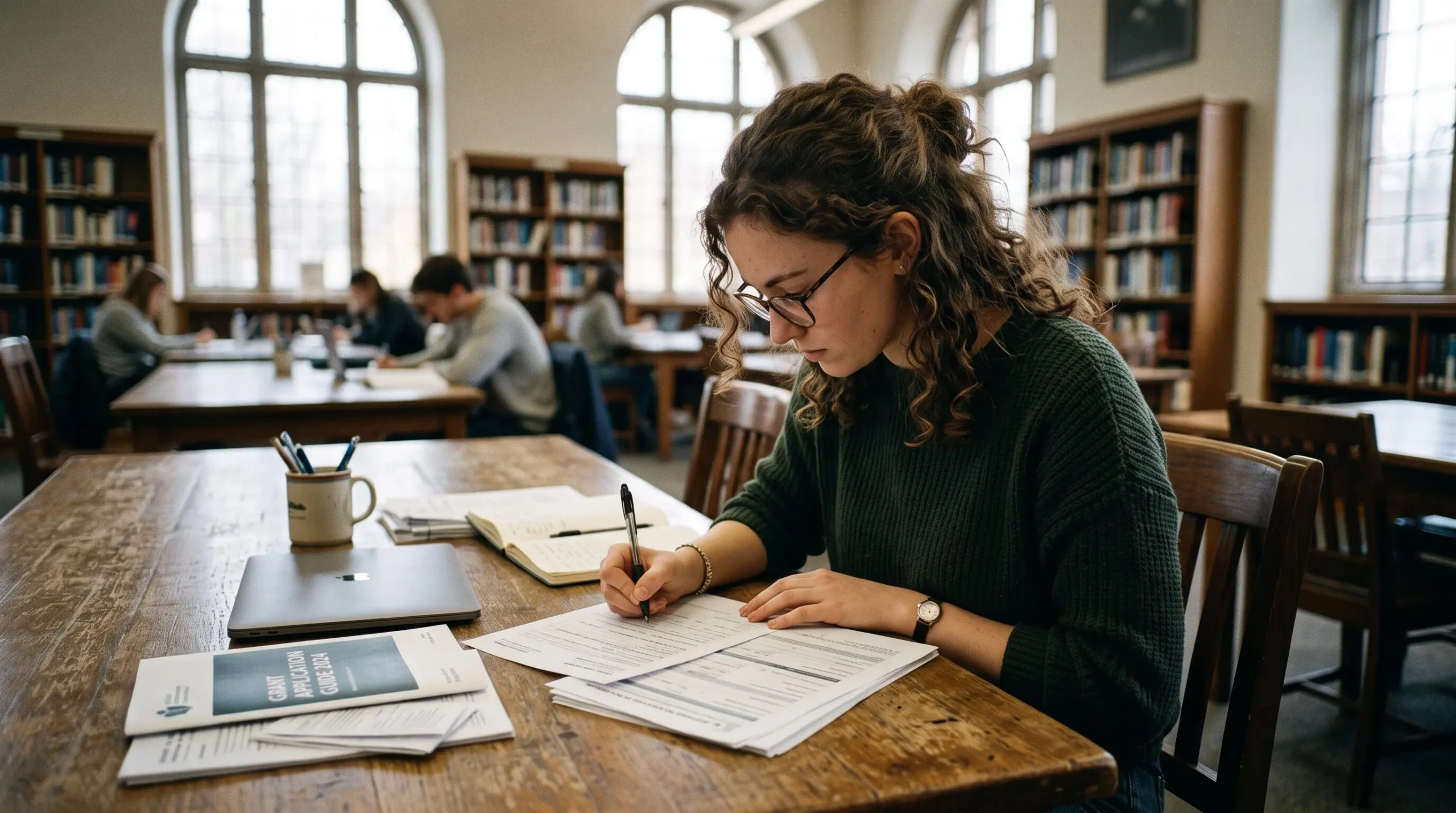 Un étudiant remplit un formulaire de demande de bourse dans une bibliothèque.