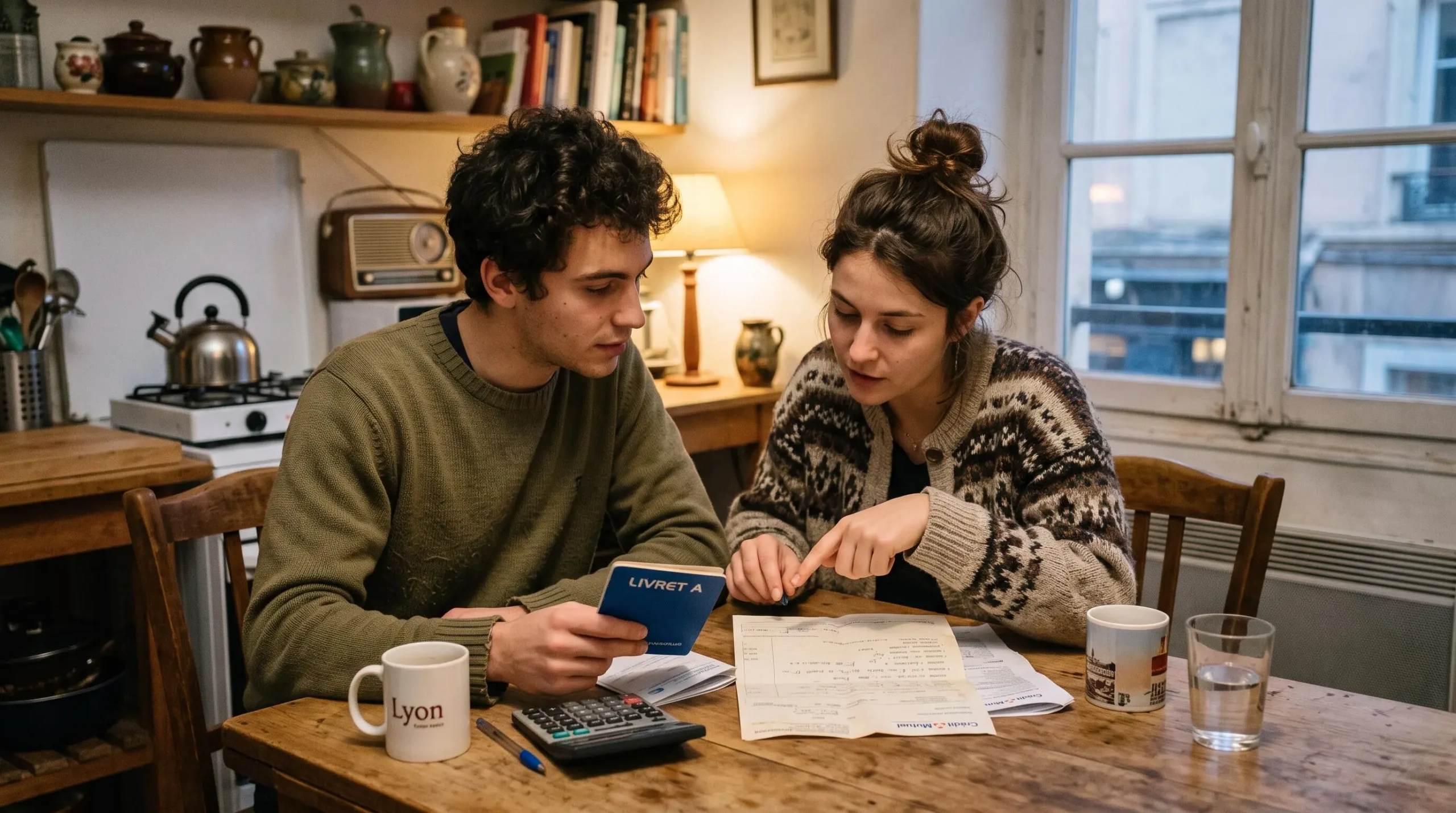 Deux étudiants examinent ensemble des relevés bancaires à la table d'un appartement.
